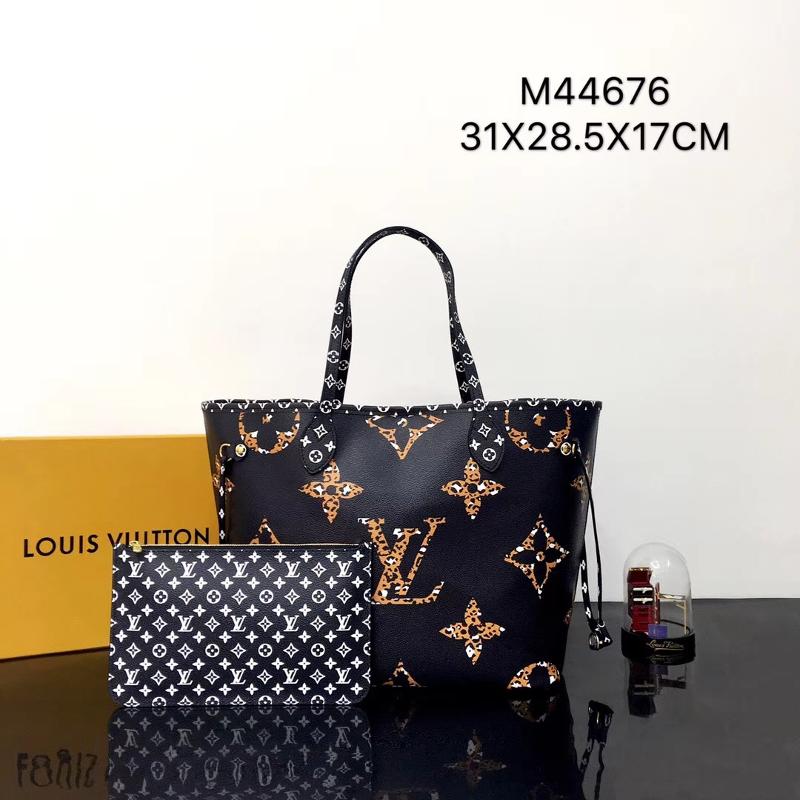 LV Handbags Tote Bags M44676 Leopard print series shopping bag black earth yellow